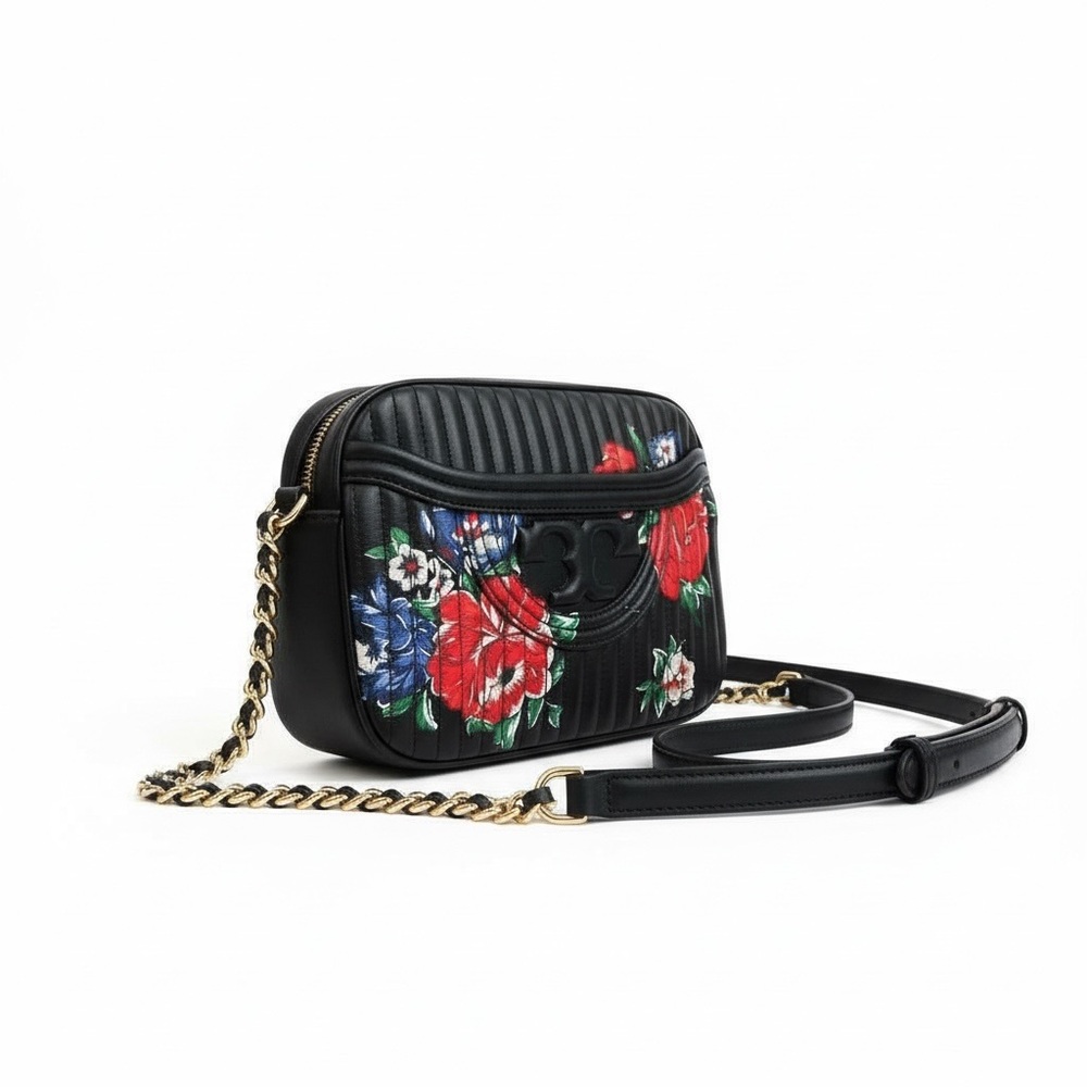 Tory Burch Floral Camera Crossbody Bag Black Nylon Leather Trim - Picture 5 of 12
